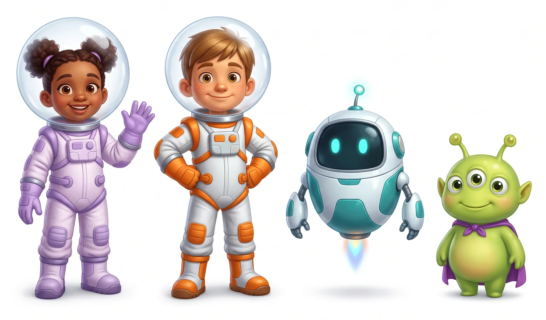 Luna, Téo, Bip e Zuzu, a tripulação da Missão Espacial